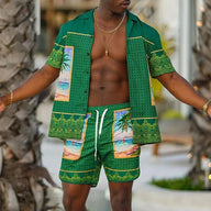 Men Beach Shirt Sets Retro Ethnic Style