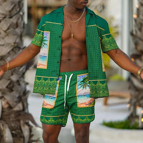 Men Beach Shirt Sets Retro Ethnic Style