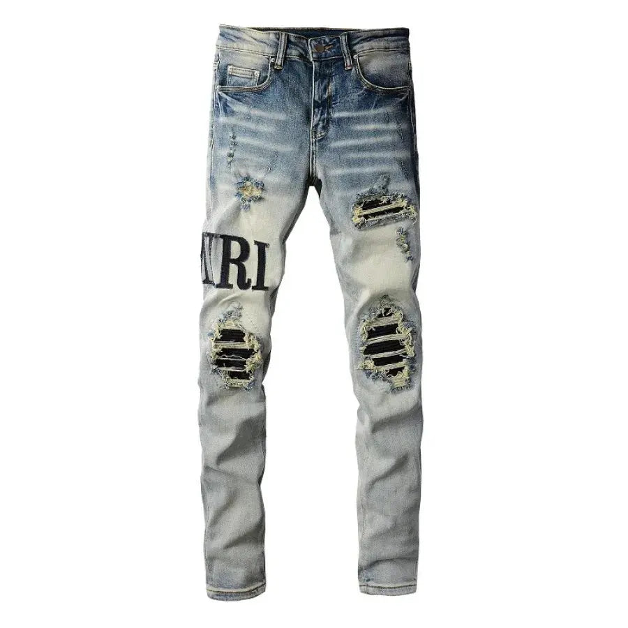 Top quality American style jeans Men with High street embroidery letters trousers Fashion Repair Low Rise Skinny Denim pants 866 InSpaceX Fashion