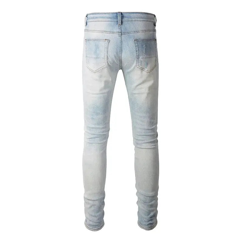 Men Cracked Pleated Patch Biker Jeans Streetwear Skinny Tapered Stretch Denim Pants Light Blue Ripped Trousers Dropshipman