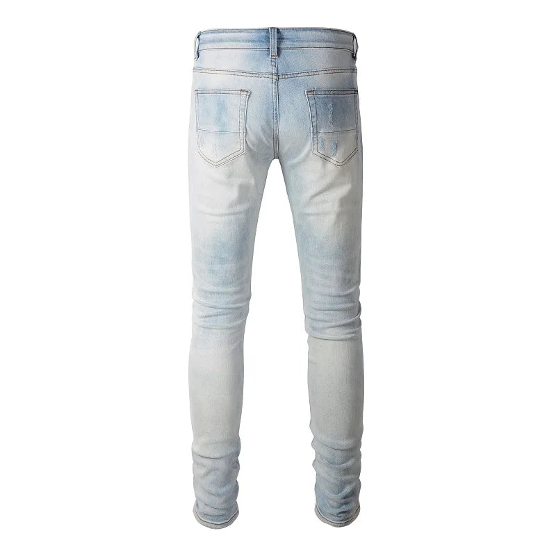 Men Cracked Pleated Patch Biker Jeans Streetwear Skinny Tapered AliExpress