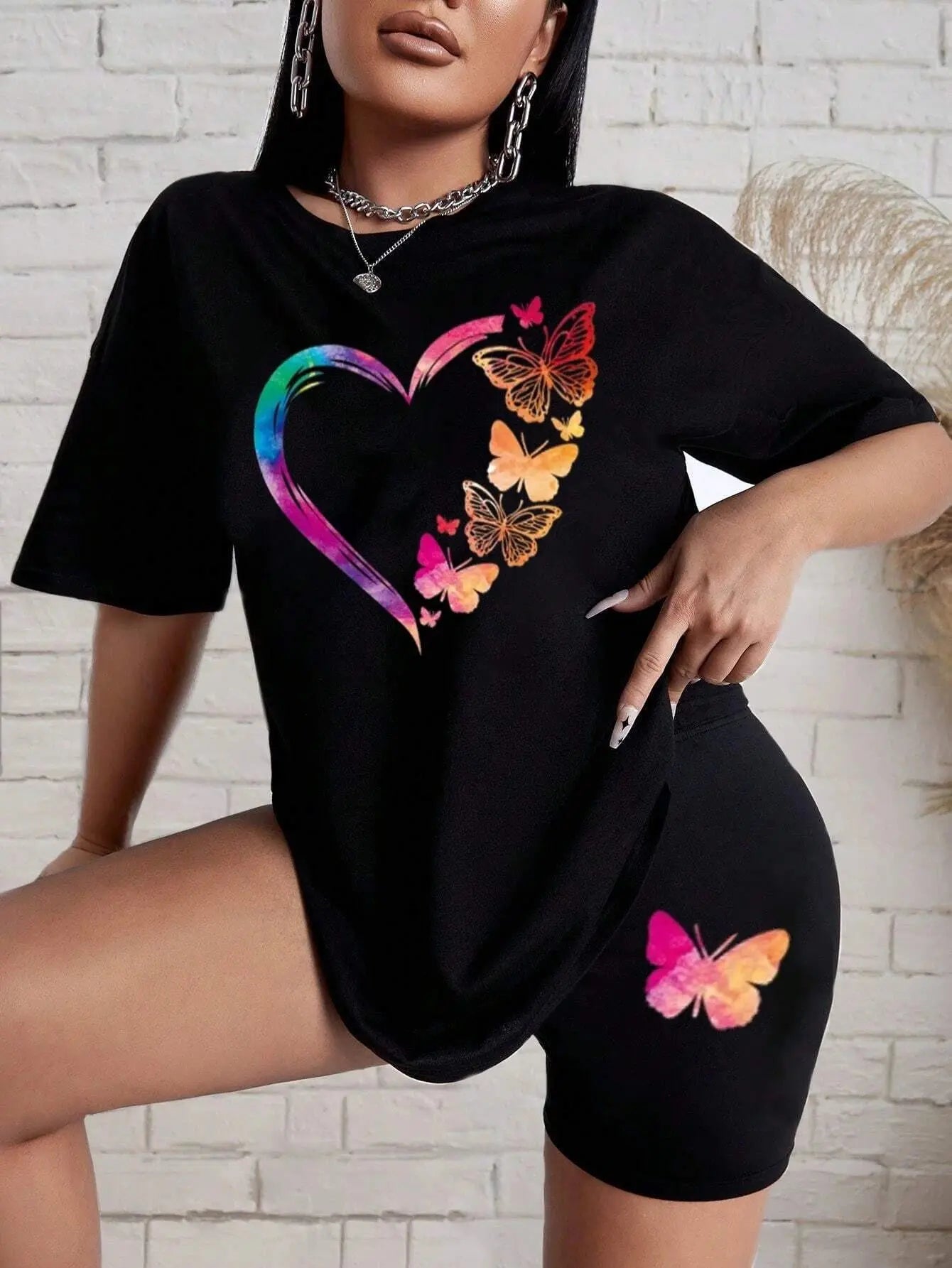 The Love Strung Together By Butterflies Printing Women T Shirts Two Piece Set Fashion Short Sets Comfortable Basic Shirt Shorts InSpaceX Fashion