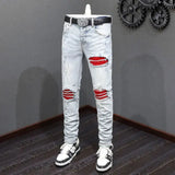 Street Fashion Men Jeans Retro Light Blue Stretch Skinny Fit Ripped Jeans Men Red Patched Designer Hip Hop Brand Pants Hombre InSpaceX Fashion