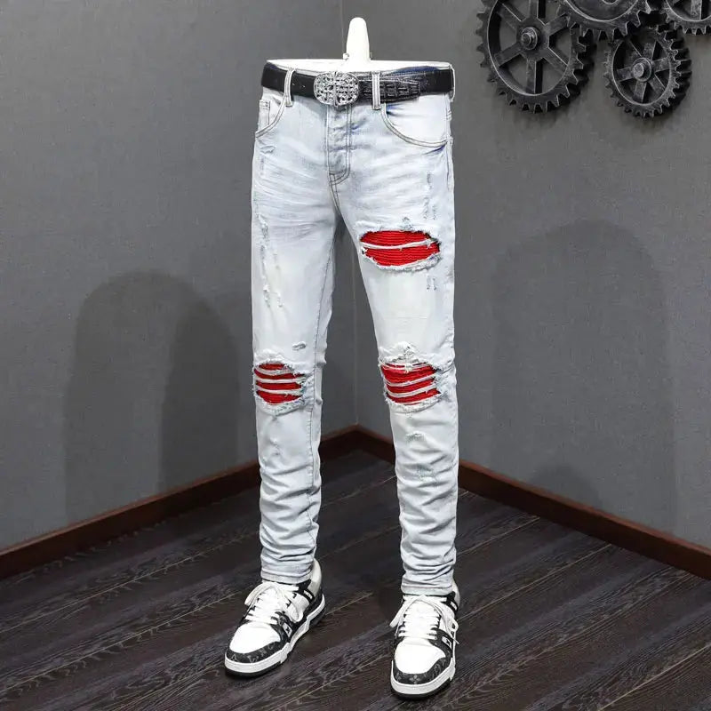 Street Fashion Men Jeans Retro Light Blue Stretch Skinny Fit Ripped Jeans Men Red Patched Designer Hip Hop Brand Pants Hombre InSpaceX Fashion