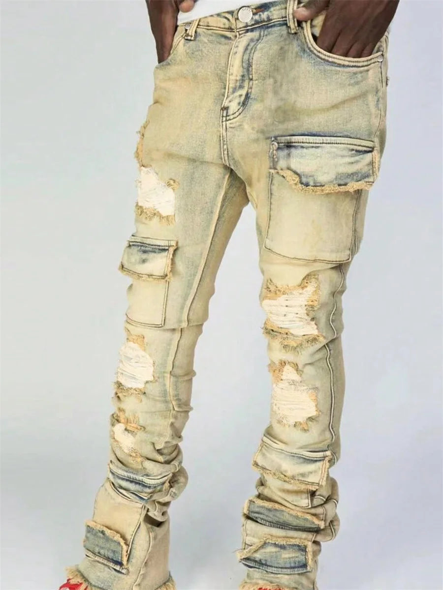 Men Ripped Denim Pants Distressed Skinny Cargo Pants Casual Trousers AliExpress