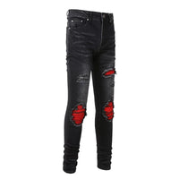 Men's Cracked Red Pleated Patch Biker Jeans Streetwear Patchwork Stretch Denim Pants Skinny Tapered Black Trousers InSpaceX Fashion