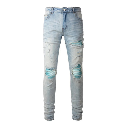 Men Cracked Pleated Patch Biker Jeans Streetwear Skinny Tapered AliExpress