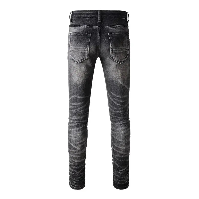 New Men's High Street Styles Distressed Blue Ribs Patchwork Holes Stretch Slim Distroyed Patches Ripped Black Washed Denim Jeans InSpaceX Fashion