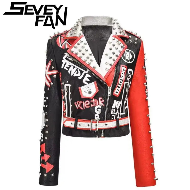 SEVEYFAN Men's Jacket Graffitti Color Contrast Buttonhole PU Leather Punk Rock Jackets Slim Motocycle 3D Outwear Male Female InSpaceX Fashion