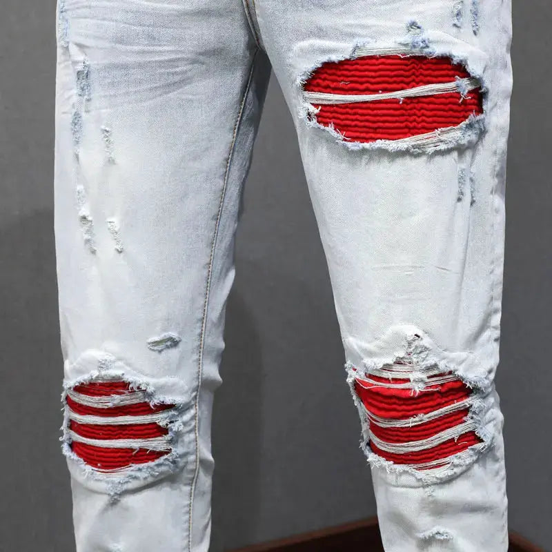 Street Fashion Men Jeans Retro Light Blue Stretch Skinny Fit Ripped Jeans Men Red Patched Designer Hip Hop Brand Pants Hombre InSpaceX Fashion