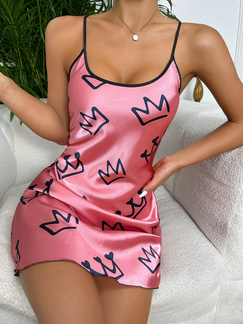 Heart Print Nightdress Elegant Scoop Neck Criss Cross Back Sleep Dress