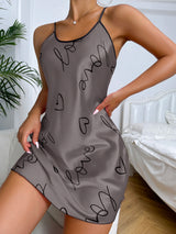 Heart Print Nightdress Elegant Scoop Neck Criss Cross Back Sleep Dress