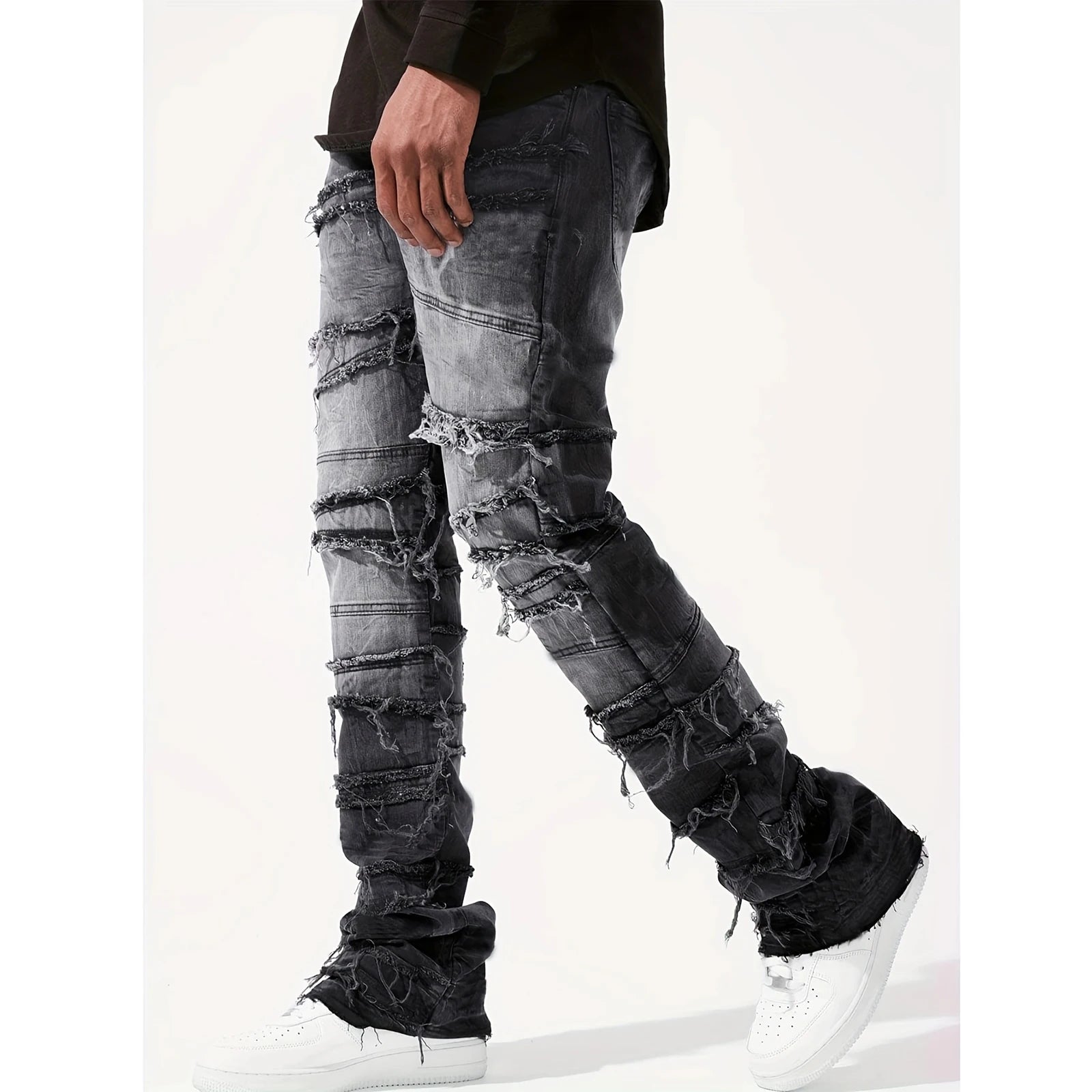 Men's Denim Pull-On Jeans Tiered Raw Trim Pockets Straight Leg Full Length Leisure Trousers Fashion Streetwear InSpaceX Fashion