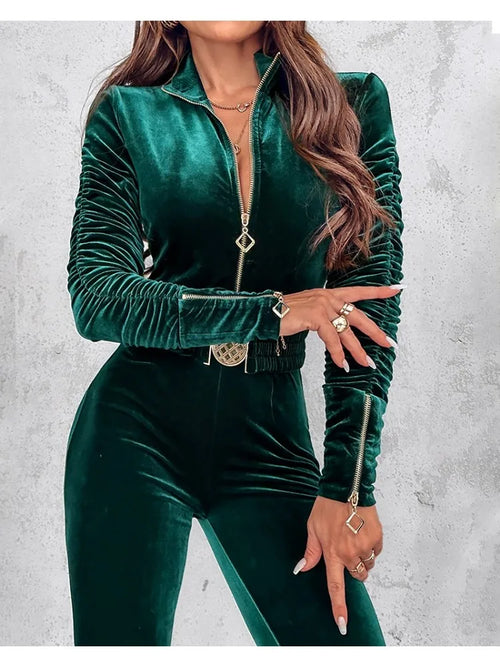 Velvet Zipper Design Jumpsuits for Women 2024 Elegant Ruched Long AliExpress