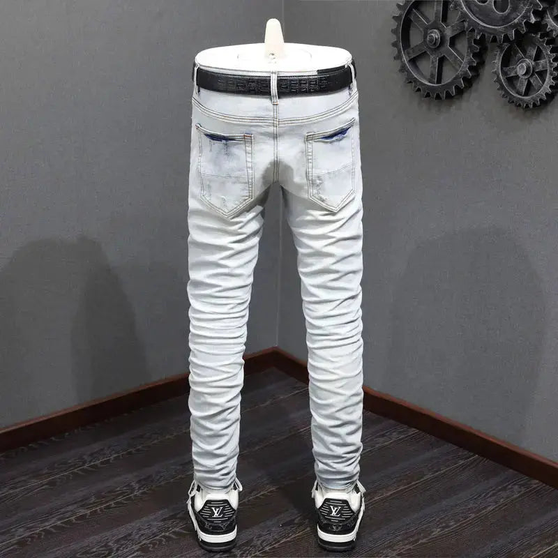 Street Fashion Men Jeans Retro Light Blue Stretch Skinny Fit Ripped Jeans Men Red Patched Designer Hip Hop Brand Pants Hombre InSpaceX Fashion