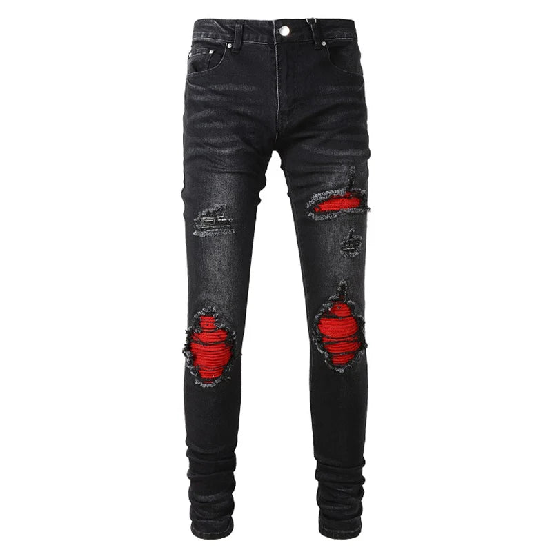 Men's Cracked Red Pleated Patch Biker Jeans Streetwear Patchwork Stretch Denim Pants Skinny Tapered Black Trousers InSpaceX Fashion