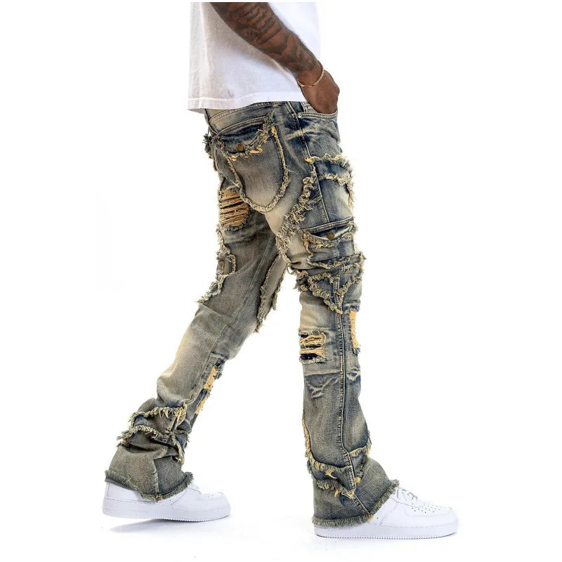 Men Ripped Stacked Jeans Distressed Slim Fit Skinny Straight Leg Jeans Fashion Hip Hop Denim Pants Casual Streetwear InSpaceX Fashion