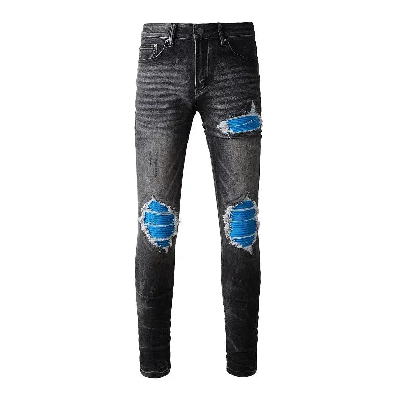 New Men's High Street Styles Distressed Blue Ribs Patchwork Holes Stretch Slim Distroyed Patches Ripped Black Washed Denim Jeans InSpaceX Fashion