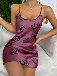 Heart Print Nightdress Elegant Scoop Neck Criss Cross Back Sleep Dress