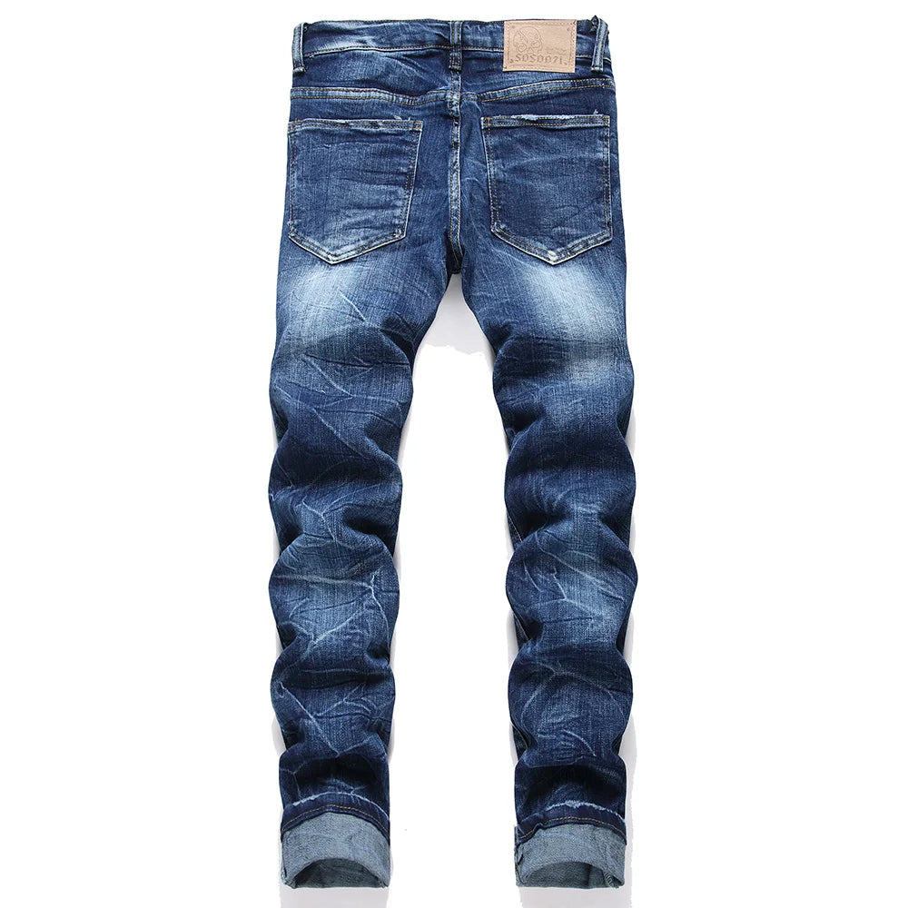 Men Embroidery Stretch Denim Jeans Holes Ripped Pleated Patch Pants AliExpress