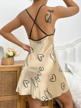 Heart Print Nightdress Elegant Scoop Neck Criss Cross Back Sleep Dress