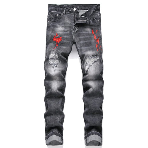 Men Embroidery Stretch Denim Jeans Holes Ripped Pleated Patch Pants AliExpress