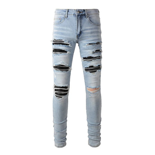 Men Black Pleated Patch Biker Jeans Streetwear Light Blue Stretch AliExpress