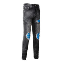 New Men's High Street Styles Distressed Blue Ribs Patchwork Holes Stretch Slim Distroyed Patches Ripped Black Washed Denim Jeans InSpaceX Fashion