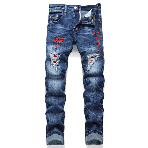 Men Embroidery Stretch Denim Jeans Holes Ripped Pleated Patch Pants AliExpress