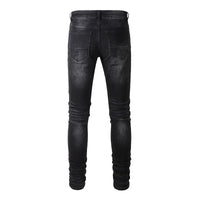 Men's Cracked Red Pleated Patch Biker Jeans Streetwear Patchwork Stretch Denim Pants Skinny Tapered Black Trousers InSpaceX Fashion