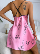Heart Print Nightdress Elegant Scoop Neck Criss Cross Back Sleep Dress