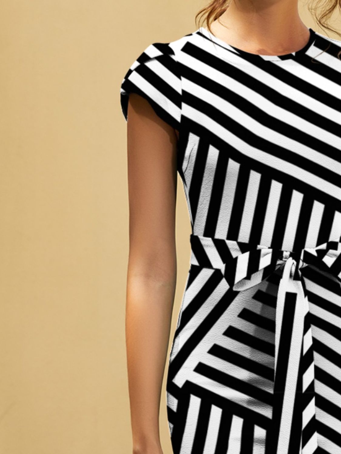 FAM-FAM Tied Striped Round Neck Cap Sleeve Dress Trendsi