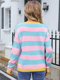 Striped Round Neck Dropped Shoulder Sweater Trendsi