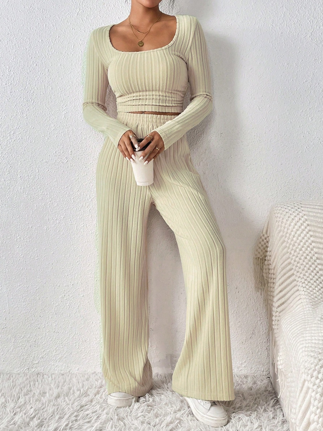 Scoop Neck Long Sleeve Top and Pants Set Trendsi