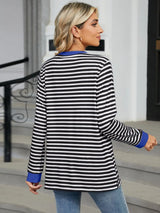 Pocketed Striped Round Neck Long Sleeve T-Shirt Trendsi