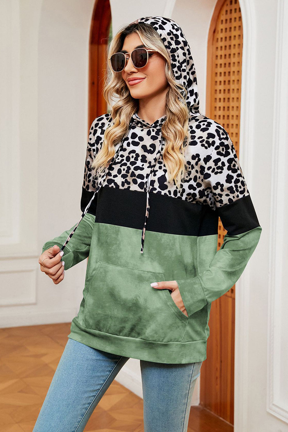 Leopard Drawstring Hoodie with Pocket Trendsi