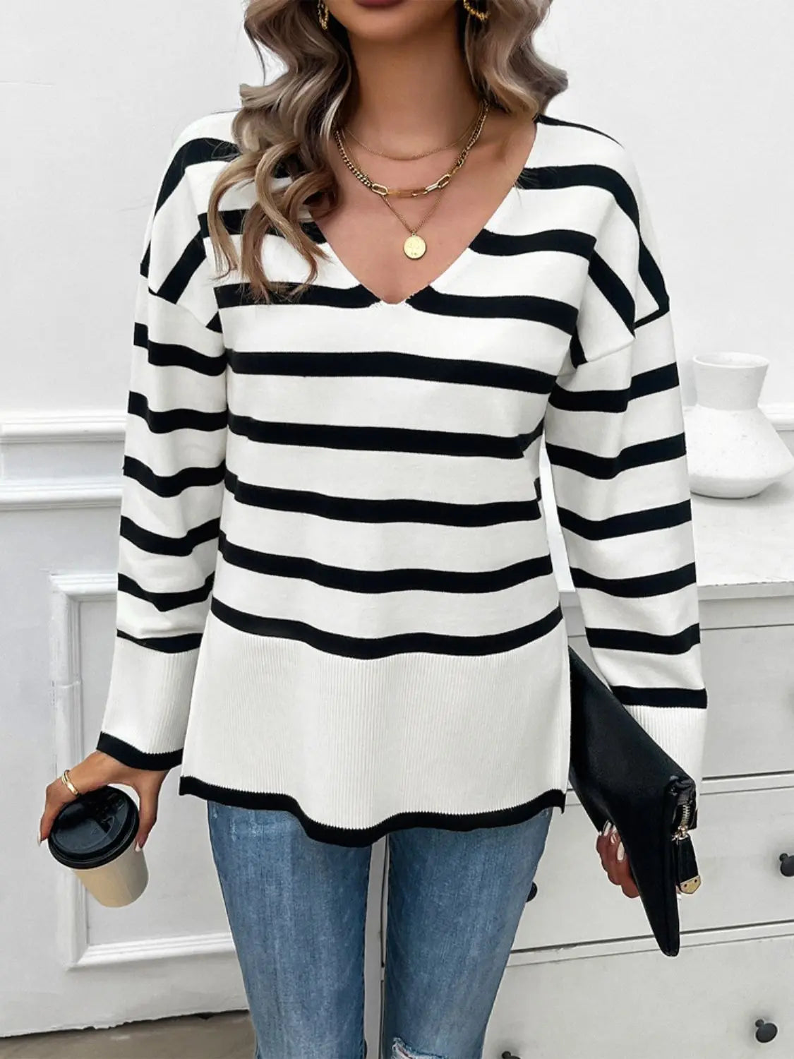 Striped V-Neck Long Sleeve Knit Top Trendsi