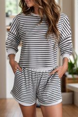 Striped Round Neck Long Sleeve Top and Shorts Set Trendsi