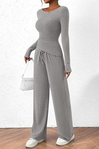 Round Neck Long Sleeve Top and Pants Set Trendsi