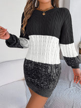 Cable-Knit Round Neck Color Block Sweater Dress Trendsi