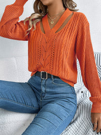 Cutout V-Neck Long Sleeve Sweater Trendsi