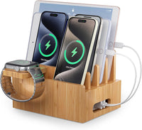 Bamboo Charging Station Rack, Wooden Dock Stand for Cell Phones, Tablets, Smart Watch and Earpod, Multi Charge Organizer Stand, Include Wire Cables