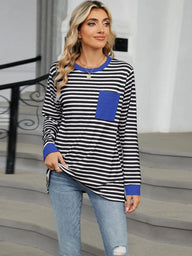 Pocketed Striped Round Neck Long Sleeve T-Shirt Trendsi