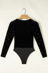 Pearl Detail V-Neck Long Sleeve Bodysuit Trendsi