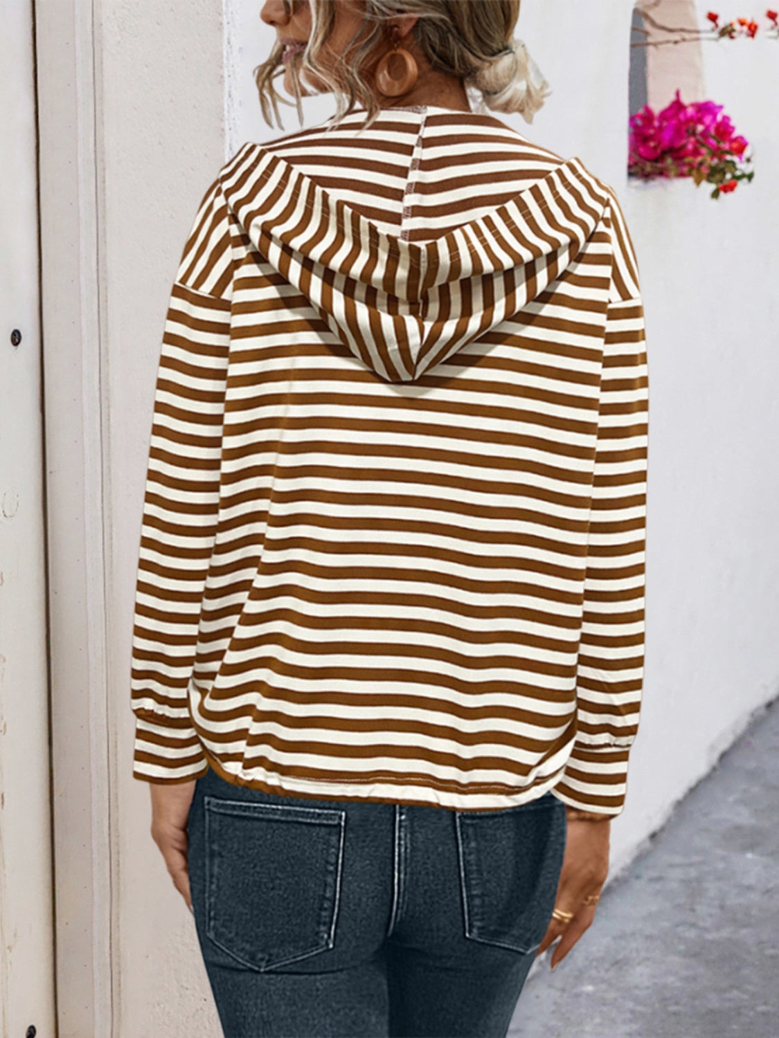 Drawstring Striped Long Sleeve Hoodie Trendsi