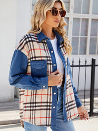 Plaid Long Sleeve Denim Jacket Trendsi