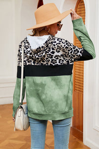 Leopard Drawstring Hoodie with Pocket Trendsi