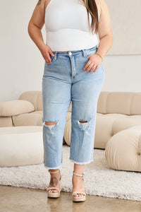 RFM Full Size Tummy Control High Waist Raw Hem Distressed Jeans Trendsi