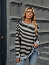 Striped Round Neck Long Sleeve T-Shirt Trendsi