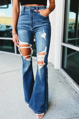 Blue High Waist Distressed Cutout Flare Leg Jeans-7